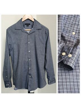 Structure Shirt Men M Blue Button Down Dress Shirt Long Sleeve Fitted Grid Check